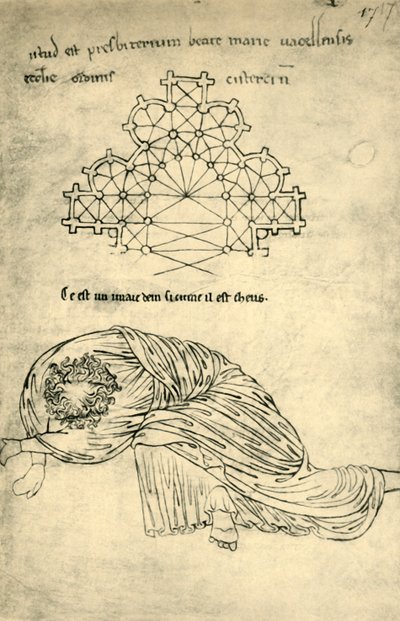 Plano de la iglesia y apóstol durmiente, 1220-1240, 1943 de Villard de Honnecourt