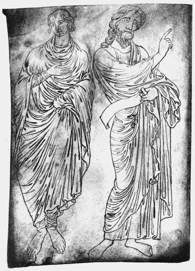Copia facsímil de Ms Fr 19093 fol.28 Figuras de dos apóstoles o profetas (tinta sobre papel) (foto en blanco y negro) de Villard de Honnecourt