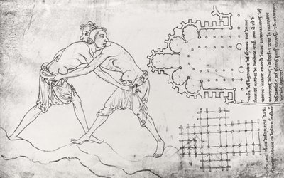 Ms.Fr.19093 fol.14v Dos luchadores, plano de una iglesia cisterciense y plano del coro de Notre-Dame de Cambrai (copia facsímil) de Villard de Honnecourt