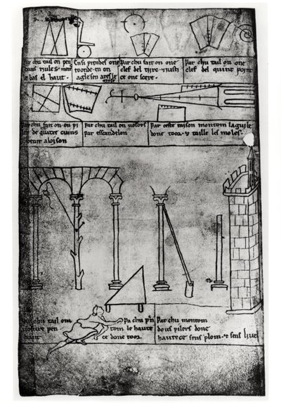 Ms.Fr.19093 fol.20v Figuras geométricas para construcción, arcos y hombre midiendo la altura de una torre (copia facsímil) de Villard de Honnecourt