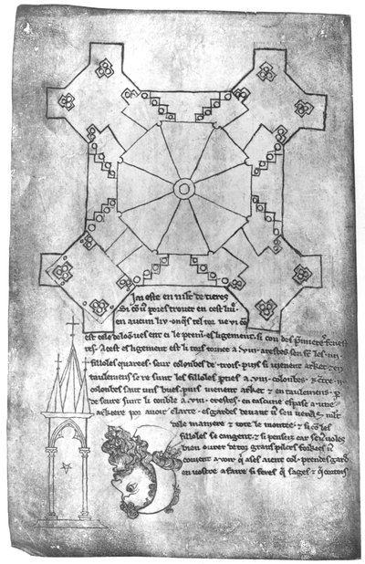 Ms 19093 fol.9v Copia facsímil de un plano de la torre de la catedral de Laon, la cabeza de un hombre barbudo y una ventana gótica de Villard de Honnecourt