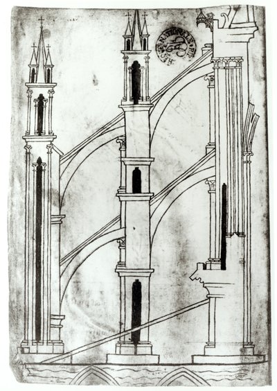 Ms Fr 19093 f.32v Sección de la pared y arco de las capillas absidiales de la Catedral de Reims (copia facsímil) de Villard de Honnecourt
