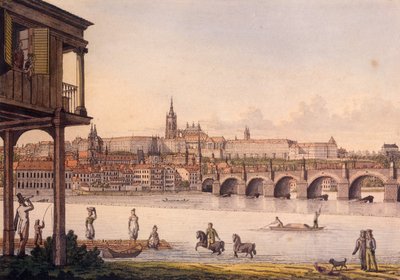 Vista del Barrio Pequeño y el Castillo de Praga Hradcany desde el Baño de Papouek, 1825 de Vincenc Morstadt