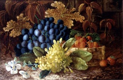 Una naturaleza muerta de uvas y una cesta de fresas en un banco musgoso de Vincent (after) Clare