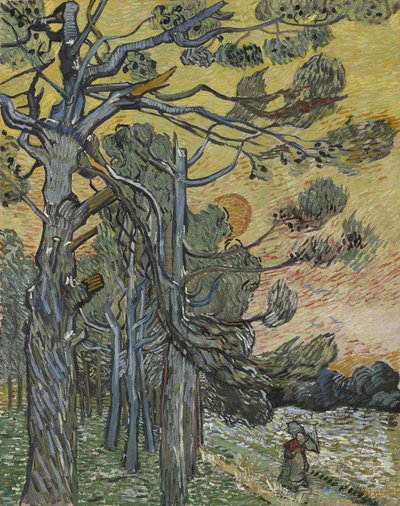 Pinos al atardecer de Vincent van Gogh