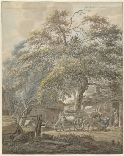 Corral con dos hombres cargando una cuna en un carro de caballos de Vincent Jansz. van der Vinne
