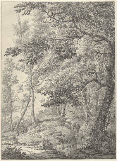 Paisaje forestal con un puente de madera y dos caminantes. de Vincent Jansz. van der Vinne