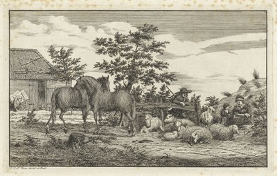 Pastor con mujer sentada y niños con ovejas y dos caballos. de Vincent Jansz. van der Vinne