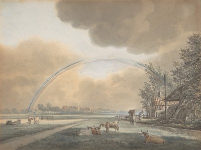 Paisaje con un arco iris sobre una granja y un pueblo distante, s.f. de Vincent Jansz. van der Vinne
