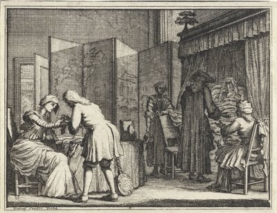 Figuras alrededor de una cama enferma y un médico que conecta a una mujer de Vincent Laurensz. van der Vinne (II)
