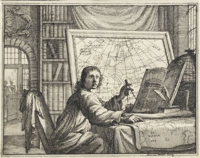 Hombre con brújula en mapas de Vincent Laurensz. van der Vinne (II)