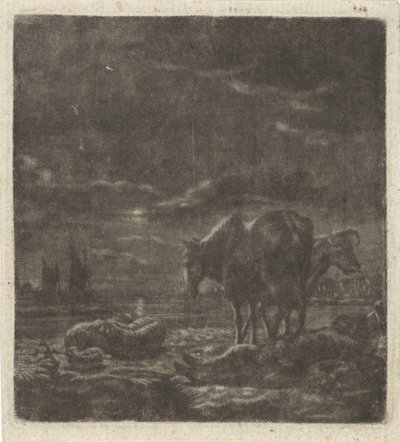 Paisaje nocturno con pastor dormido y ganado. de Vincent Laurensz. van der Vinne (II)