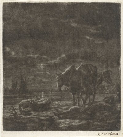 Paisaje nocturno con pastor dormido y ganado. de Vincent Laurensz. van der Vinne (II)