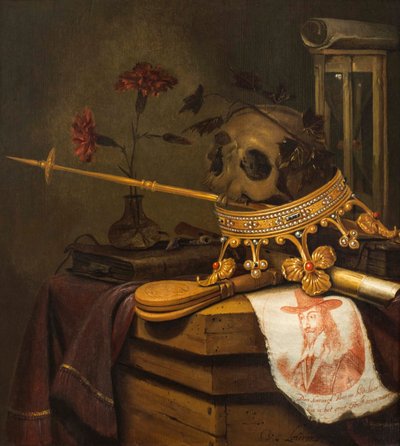 Una naturaleza muerta de vanitas con una calavera, corona, cetro, flauta, fuelle, reloj de arena, claveles en un jarrón de vidrio, pergamino, libro y un retrato grabado de Carlos I de Vincent Laurensz van der Vinne