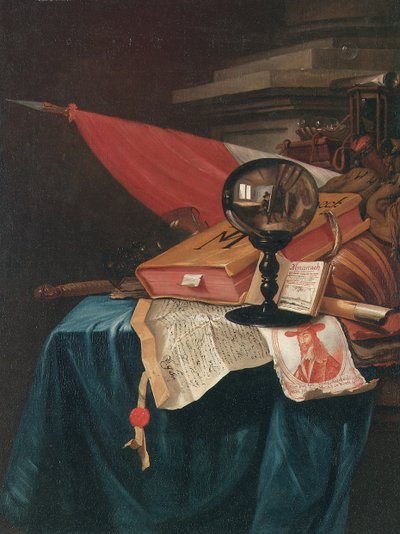 Vanitas bodegón con el artista en su caballete reflejado en una bola de cristal de Vincent Laurensz van der Vinne