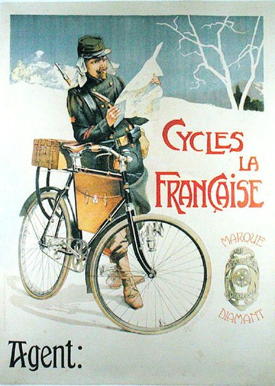 Soldado con su bicicleta leyendo un mapa, póster publicitario de las bicicletas 