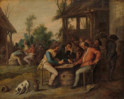 Dos hombres jugando a las cartas en la puerta de una posada de Vincent Malò (II) (attributed to)