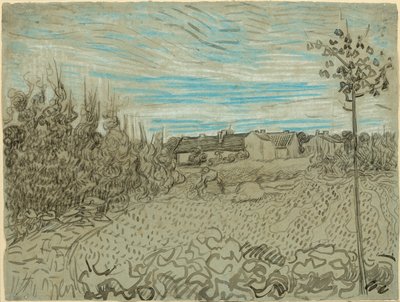 Casas rurales con una mujer trabajando en medio de Vincent van Gogh