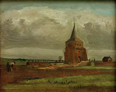 La vieja torre del cementerio en Nuenen con campesino arando de Vincent van Gogh