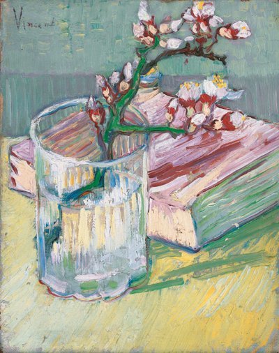 Rama de almendro en flor en un vaso con un libro, 1888 de Vincent van Gogh