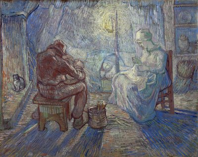 "Noche" (Noche) Familia campesina en un interior - Pintura de Vincent van Gogh (1853-1890) según Millet de Vincent van Gogh