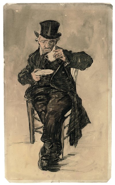 Habitante del asilo con sombrero de copa bebiendo una taza de café, 1882 de Vincent van Gogh