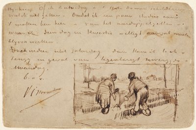 Postal con dos campesinos cavando de Vincent van Gogh