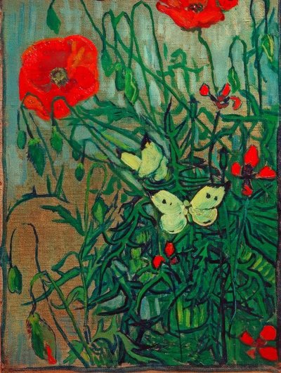 Mariposas en flores de amapola de Vincent van Gogh
