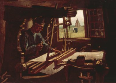Tejedor frente a una ventana abierta con vista a la torre de Nuenen de Vincent van Gogh