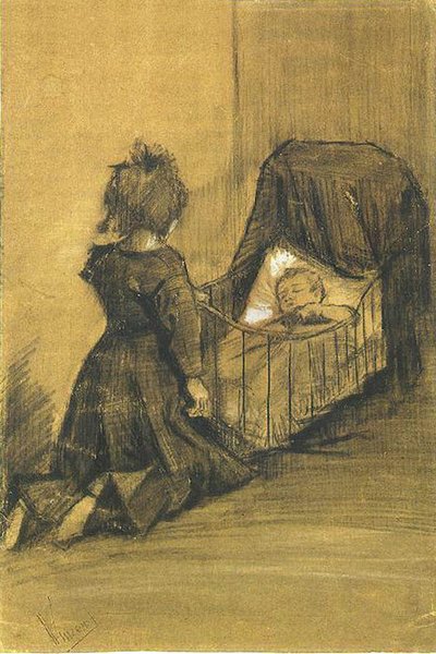 Chica arrodillada junto a una cuna F 1024 JH 336 de Vincent van Gogh