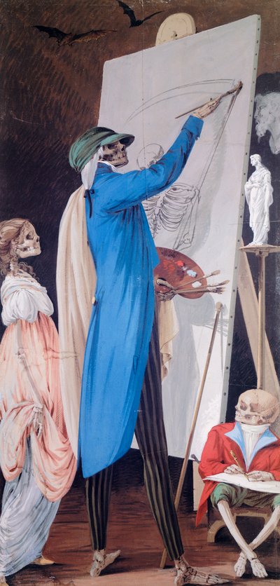 Pintor y su mujer con enano, del Ciclo de escenas de esqueletos vivientes, Paolo Vincenzo Bonomini (1757-1839), temple sobre lienzo Iglesia de Santa Grata Inter Vites, en Borgo Canale, Bérgamo, Italia. de Vincenzo Bonomini