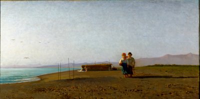 Vista de la playa en Viareggio con el sol de la mañana en la costa toscana, dos siluetas de niños. de Vincenzo Cabianca