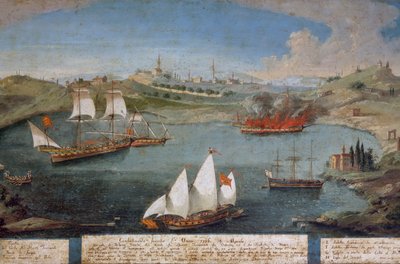 Batalla naval entre barcos venecianos de Marco Ivanovich Dobrota y barcos turcos, 19 de abril. de Vincenzo Chilone