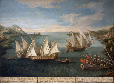 Batalla naval entre barcos venecianos de Marco Ivanovich Dobrota y barcos turcos frente a Patras el 17 de abril. de Vincenzo Chilone