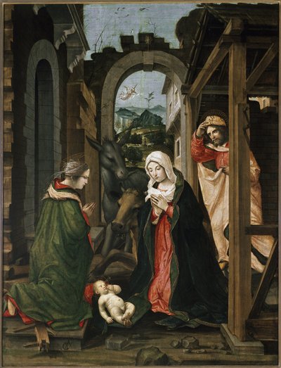 Nacimiento con Santa Catalina de Alejandría (óleo sobre tabla) de Vincenzo Civerchio