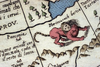 Representación de un mantícora, una criatura fantástica con cabeza humana (a menudo con cuernos, ojos azules y tres filas de dientes), y cola de escorpión o dragón y cuerpo de león. Detalle de un mapa mundial por Vincenzo Coronelli (1650-1718). Siglo XVII de Vincenzo Maria Coronelli