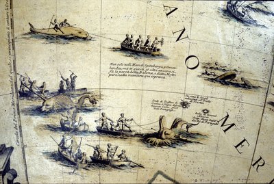 Caza de ballenas en el Pacífico. Detalle de un globo de Coronelli del siglo XVII de Vincenzo Maria Coronelli
