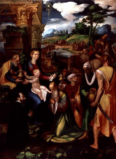 Adoración de los Magos con un donante de Vincenzo da (d.1557) Pavia