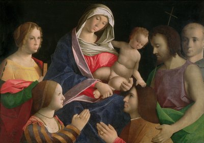 La Virgen con el Niño y San Juan Bautista, dos santos y donantes de Vincenzo di Biagio (follower of) Catena