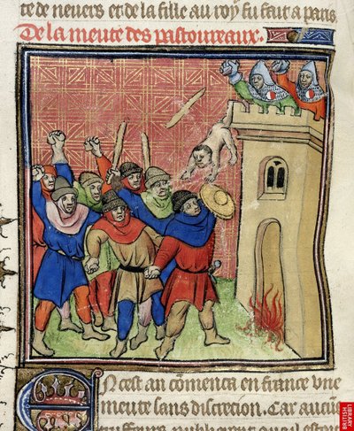 (detalle) de una miniatura de la Tercera Cruzada de Pastoureaux. Judíos arrojando a sus hijos desde una torre, después de 1380 de Virgil Master