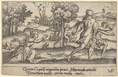 Atalanta e Hipómenes, en primer plano Atalanta arrodillada para recoger una manzana, ca. 1535-62 de Virgil Solis