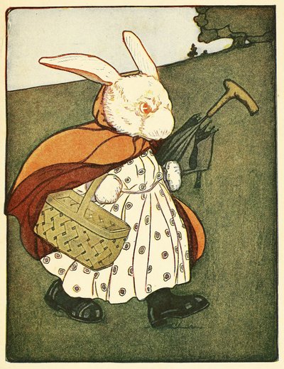 Entonces la vieja Sra. Conejo .atravesó el bosque hasta llegar a la panadería, de El cuento de Pedro Conejo, pub. 1916 (litografía en color) de Virginia Albert