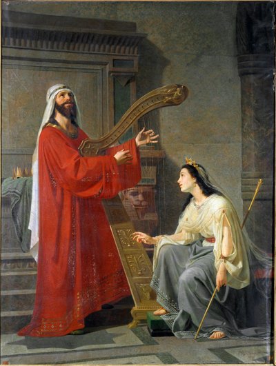 David y Micol El rey David tocando el arpa. Pintura de Virginio Grana (ca. 1830-1888) Siglo XIX Sol. 243x182 cm Genes, Accademia Ligustica di Belle Arti, inv. 468 de Virginio Grana