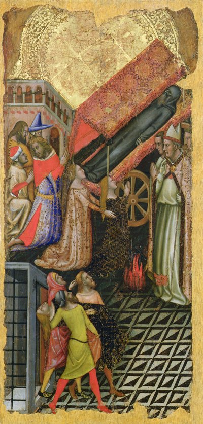 Curación de la hija del emperador Constantino, El funeral de San Antonio (arriba); La hija del emperador Constantino poseída por el demonio (abajo) de Vitale da Bologna