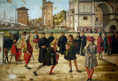 Ciclo de la vida de Santa Úrsula (princesa bretona). Tercer episodio: el regreso de los embajadores al rey de Inglaterra. (detalle) de Vittore Carpaccio