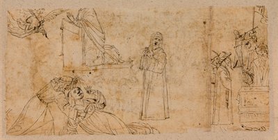 Estudios para una anunciación; para el Martirio de Santa Águeda; para una Madonna en duelo (pluma y tinta sobre tiza en papel) (verso de 5933930) de Vittore Carpaccio