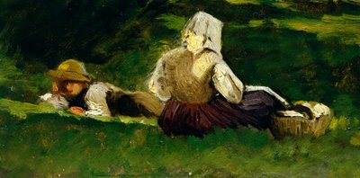 Mujer sentada y niño tumbado en la hierba, de Vittorio Avondo (1836-1910). de Vittorio Avondo