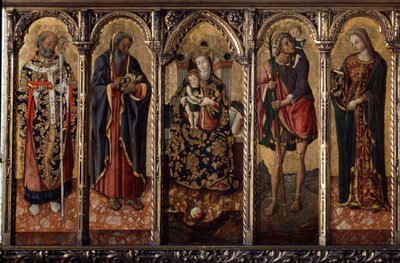 ""Madonna and Child with Saints"" Están representados: San Nicolás de Myre o Bari (270-345), San Antonio Abad (San Antonio el Grande (250/251-356) (o San Antonio el ermitaño), San Cristóbal y Santa Catalina (¿de Alejandría?). de Vittorio Crivelli