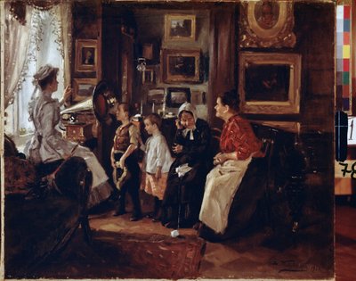 Au gramófono. (En el Gramófono). Pintura de Vladimir Yegorovich Makovski (Makovsky, Makovskij) (1846-1920), huile sur toile de Vladimir Egorovic Makovsky