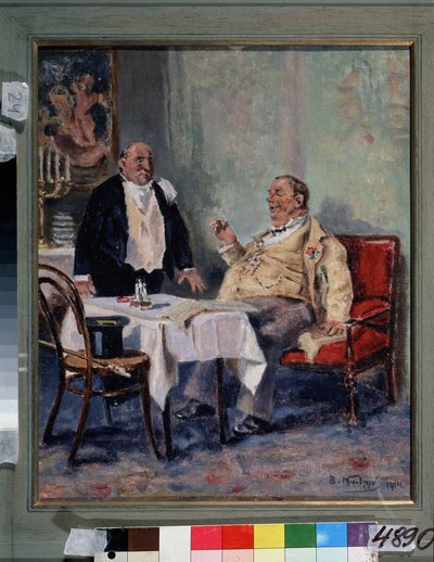 En un restaurante (En un restaurante). Un hombre obeso y satisfecho, con una flor en el ojal, felicita al camarero al final de su cena. Pintura de Vladimir Yegorovich Makovsky (Makovsky, Makovskij) (1846-1920), óleo sobre lienzo de Vladimir Egorovic Makovsky